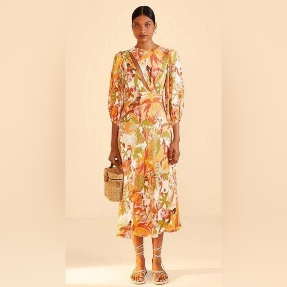 FARM Rio Leopard Forest Sand Midi Dress XXS NWT